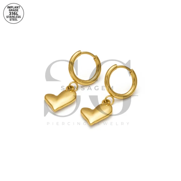 SG9076 316L Ear Ring – Gold Heart Pendant Stainless Steel Hoops