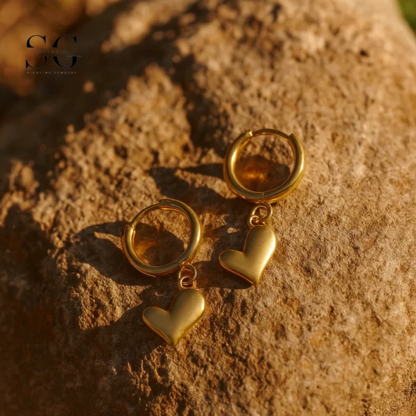 SG9076 316L Ear Ring – Gold Heart Pendant Stainless Steel Hoops