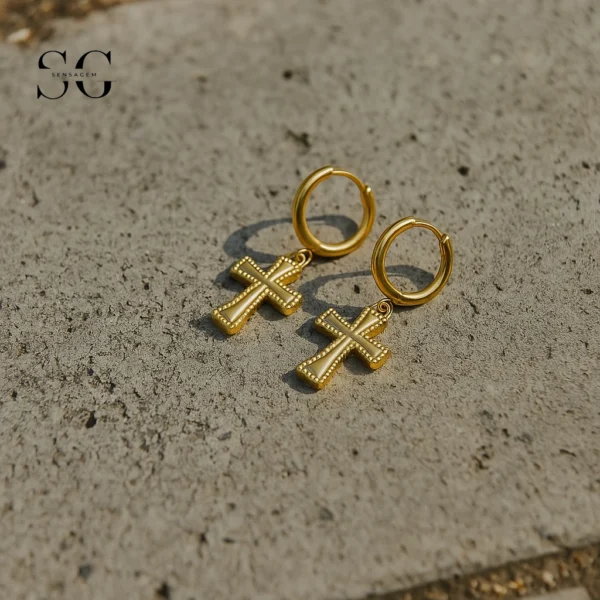 SG9082 Pretty Ear Piercing Cross Dangle Hoop – 316L Gold Steel