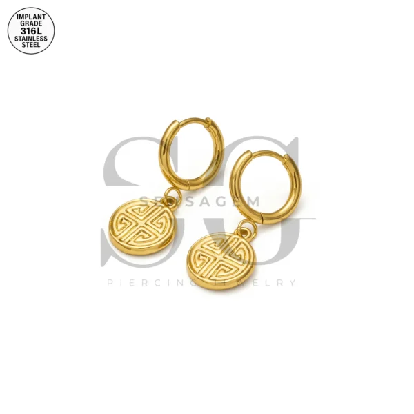 SG9087 Gold Ancient Coin Ear Hoops – 316L Steel for Ear Piercing