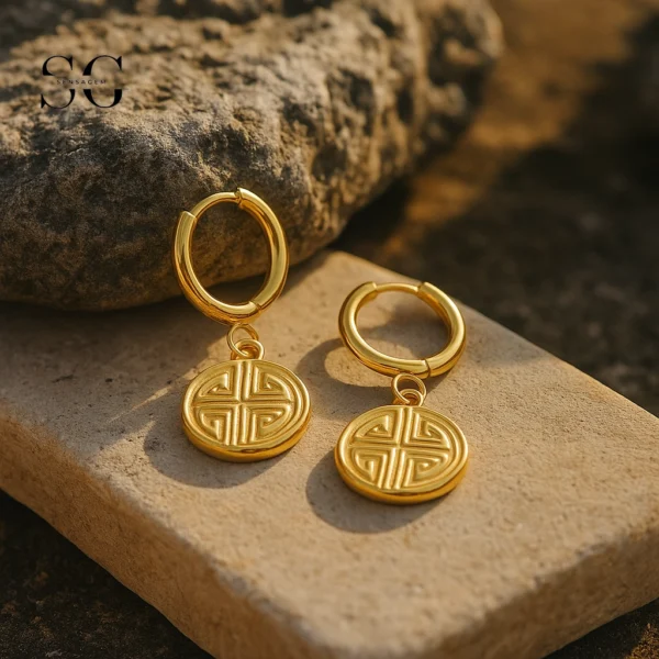 SG9087 Gold Ancient Coin Ear Hoops – 316L Steel for Ear Piercing