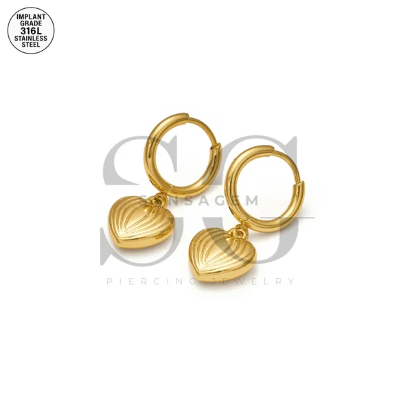 SG9088 Gold Heart Dangle Ear Hoops – 316L Ear Piercing Kits