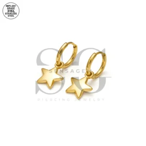 SG9089 Gold Star Dangle Hoops – Double Ear Piercing Earrings