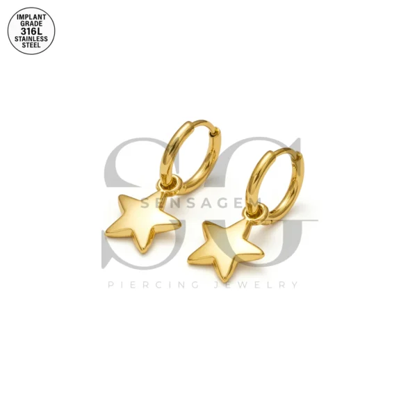 SG9089 Gold Star Dangle Hoops – Double Ear Piercing Earrings