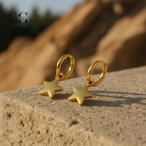SG9089 Gold Star Dangle Hoops – Double Ear Piercing Earrings