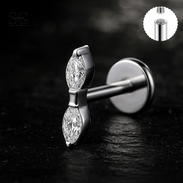 Sensagem SGYS4317 G23 Titanium Internally Threaded Marquise Duo Labret with 5A Zircon
