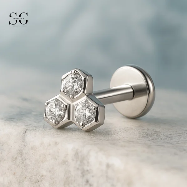 Sensagem SGYS4318 G23 Titanium Internally Threaded Hexagon Trio Labret with 5A Zircon