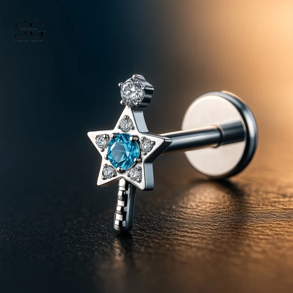 Sensagem SGYS4326 G23 Titanium Internally Threaded Labret with 5A Zircon Star Dangle
