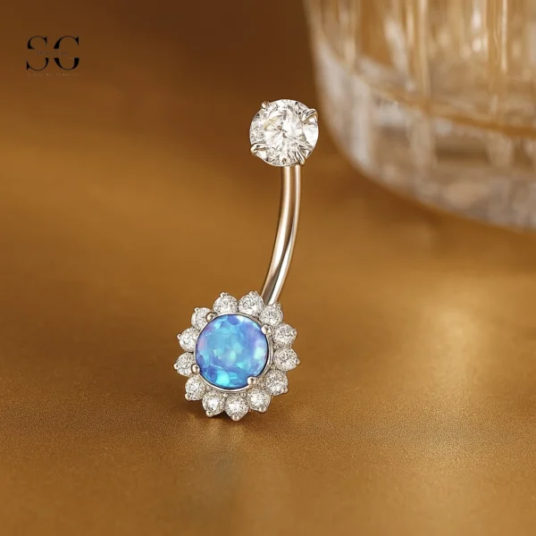 Sensagem SGYS6051 G23 Titanium Internally Threaded Belly Ring with 5A Zircon & Opal