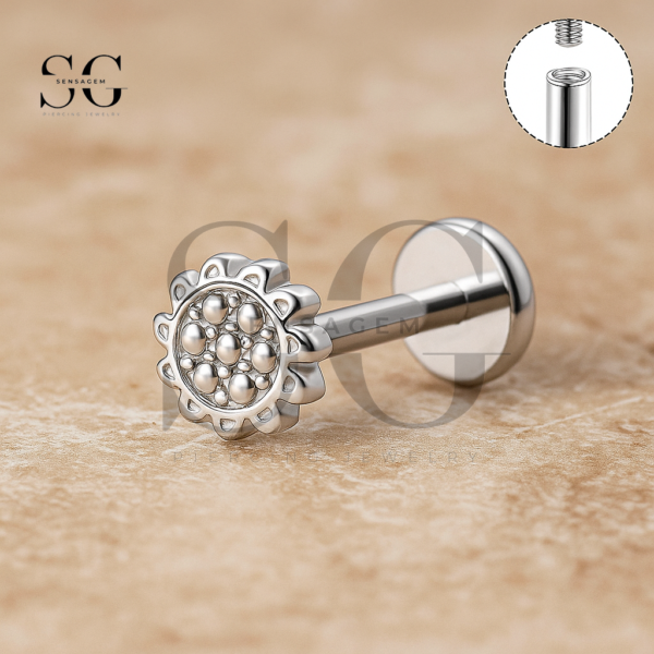 Sensagem SGYS1213 G23 Titanium Internally Threaded Textured Flower/Sun Labret