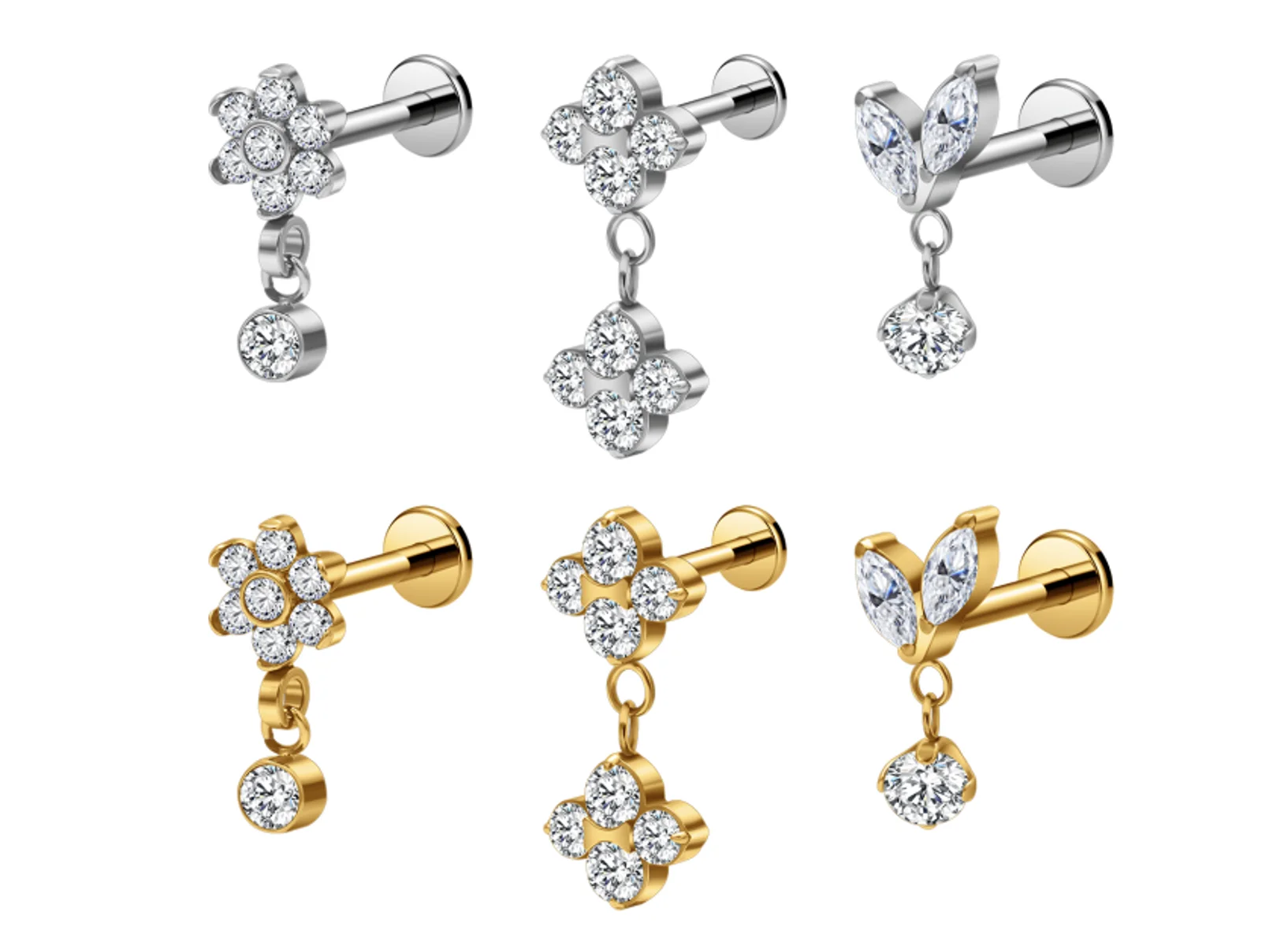 Titanium labret jewelry anatomy showing flat back disc, straight post, and top structure