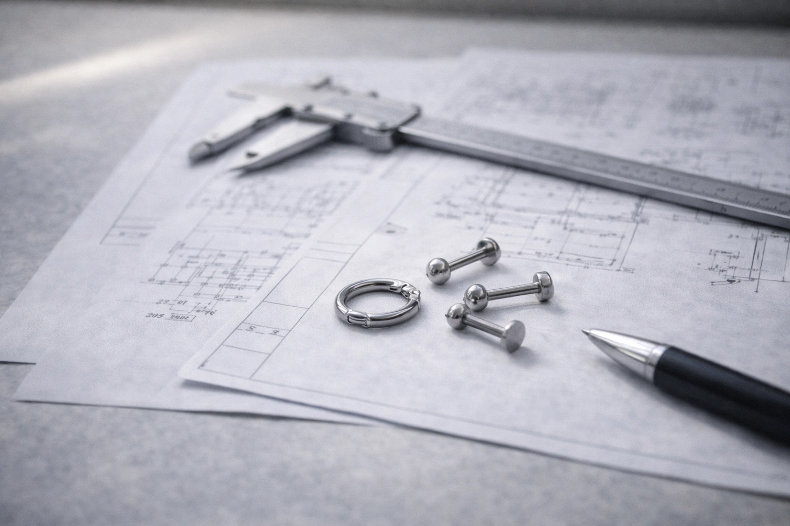 OEM engineering review with titanium piercing jewelry samples, calipers, thread gauges, and technical drawings